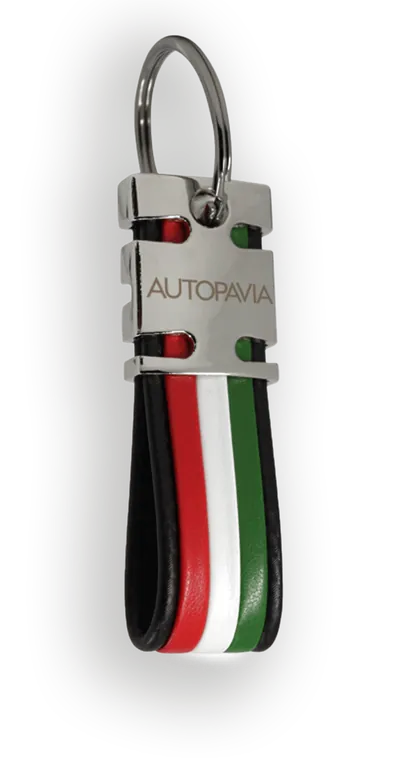 Portachiavi a cinturino nero con inserti rosso, bianco e verde e placca in metallo incisa
