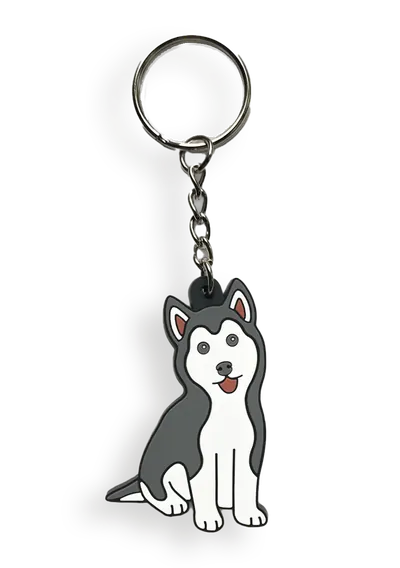 Portachiavi PVC 2D sagomato come un cane husky grigio e bianco seduto