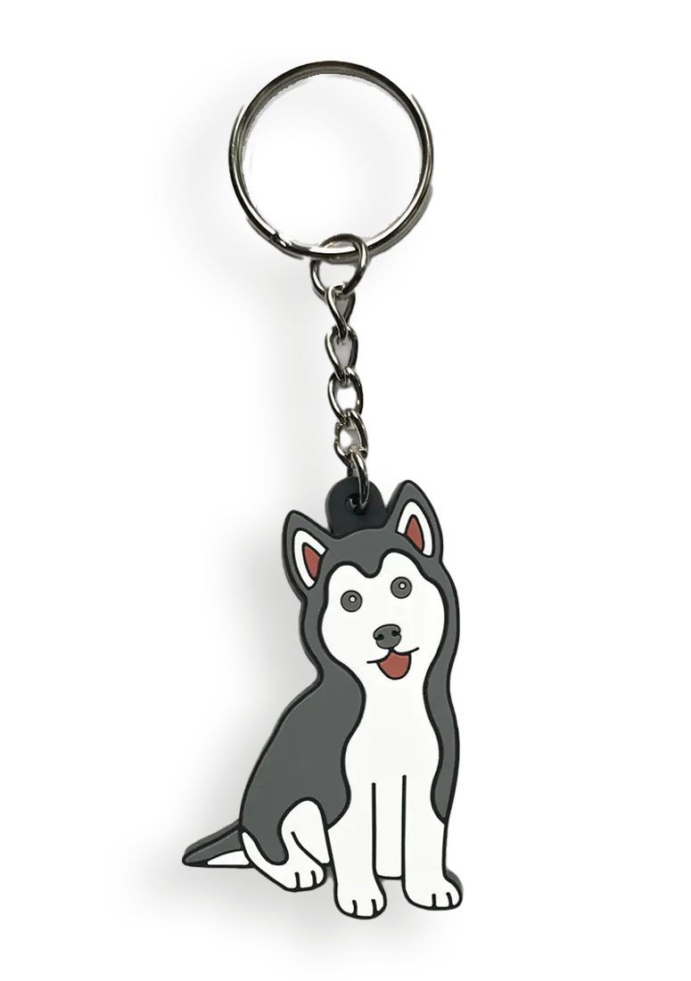 Portachiavi PVC 2D un lato stampato: Portachiavi PVC 2D sagomato come un cane husky grigio e bianco seduto