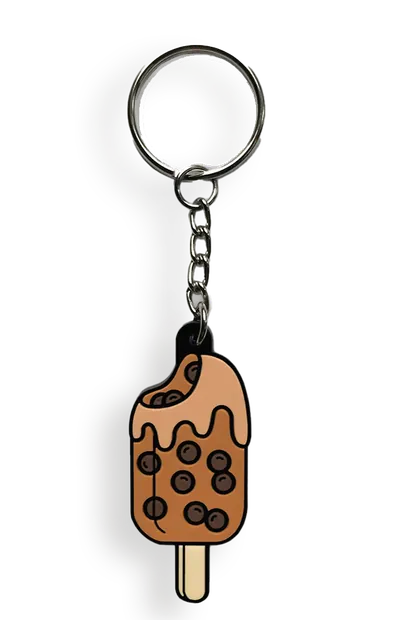 Portachiavi PVC 2D a forma di gelato su stecco, marrone con gocce di cioccolato, con catenella e anello