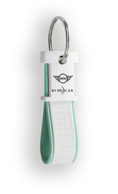 Portachiavi in PVC morbido bianco e verde menta a cinturino, con placca stampata e anello in metallo