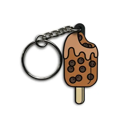 Portachiavi PVC a forma di gelato marrone visto di fronte, con catenella e anello tondo aperti di lato