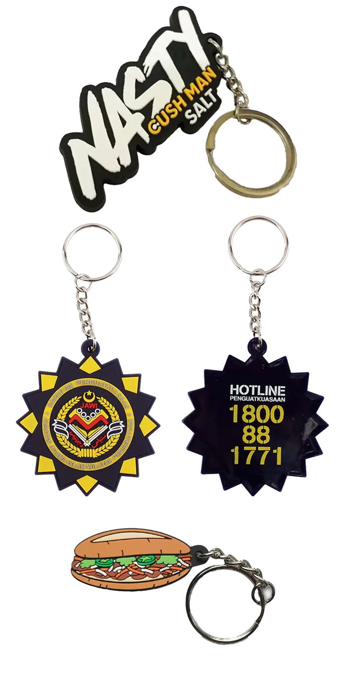 Portachiavi PVC 2D due lati: Quattro portachiavi PVC insieme: una scritta sagomata, una medaglia a stella gialla e nera fronte e retro, un panino imbottito