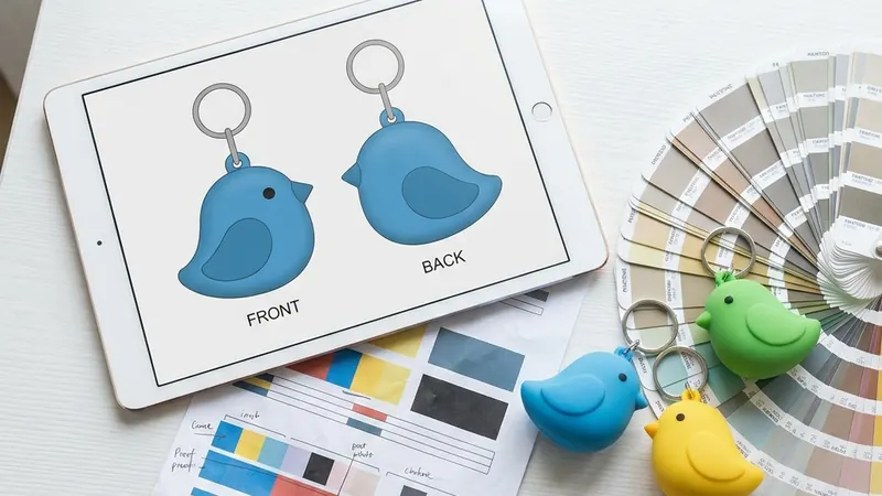 Bozza grafica del portachiavi PVC personalizzato, fronte e retro, sul tablet con i colori a fianco