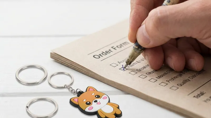 Preventivo stampato spuntato con la penna accanto a un portachiavi PVC campione