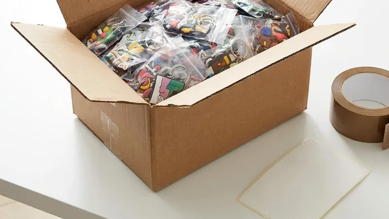 Scatola di spedizione aperta piena di portachiavi PVC personalizzati imbustati