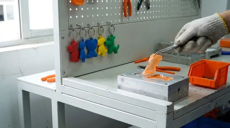 Portachiavi in PVC morbido estratto dallo stampo in metallo sul banco di produzione