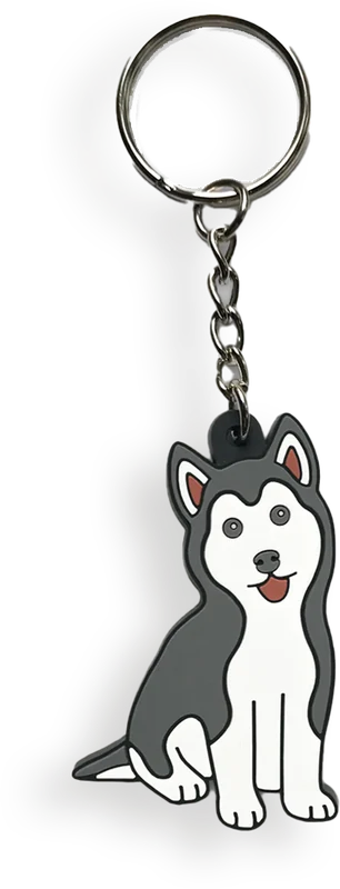 Portachiavi PVC 2D sagomato come un cane husky grigio e bianco seduto, con catenella e anello
