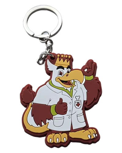 Portachiavi personalizzato in PVC 2D a mascotte aquila con corona e camice bianco che fa il pollice in su, anello in metallo