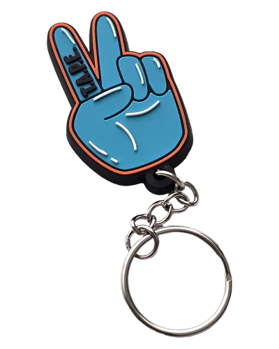 Portachiavi personalizzato in PVC 2D a forma di mano azzurra con segno di vittoria e bordo nero, con catenella e anello in metallo