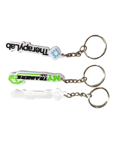 Tre portachiavi PVC 2D piatti a targhetta con scritte stampate, bianco, verde e trasparente, con catenella e anello
