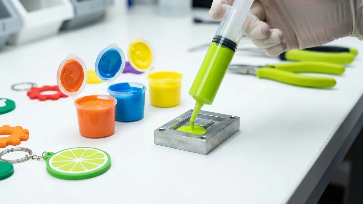 PVC liquido colorato versato in uno stampo in metallo, con bicchierini di colore e portachiavi finiti accanto